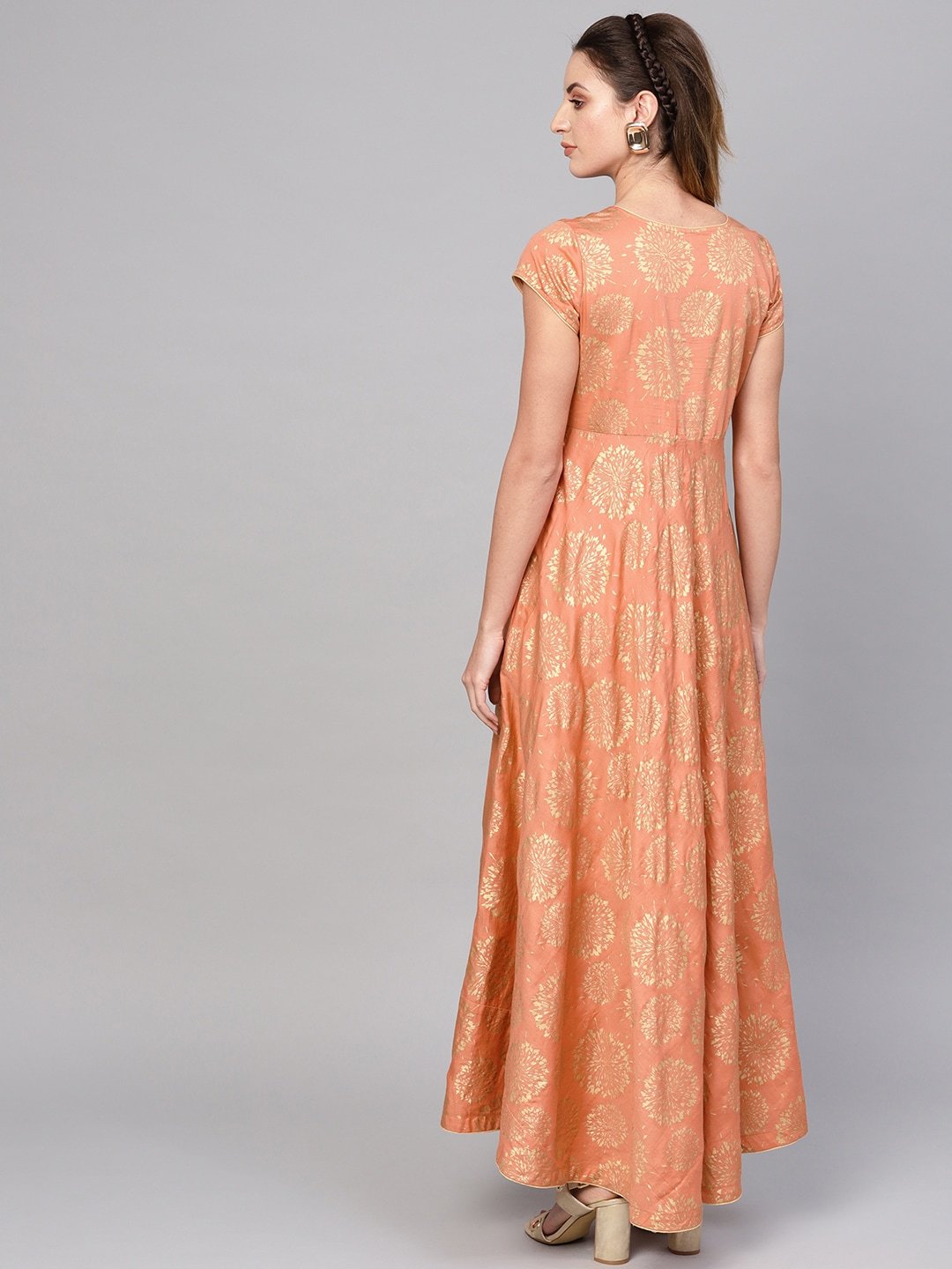 Women's  Peach-Coloured & Golden Printed Maxi Dress