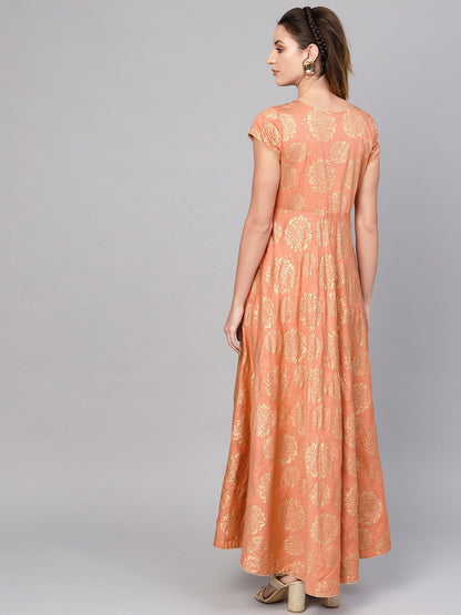 Women's  Peach-Coloured & Golden Printed Maxi Dress