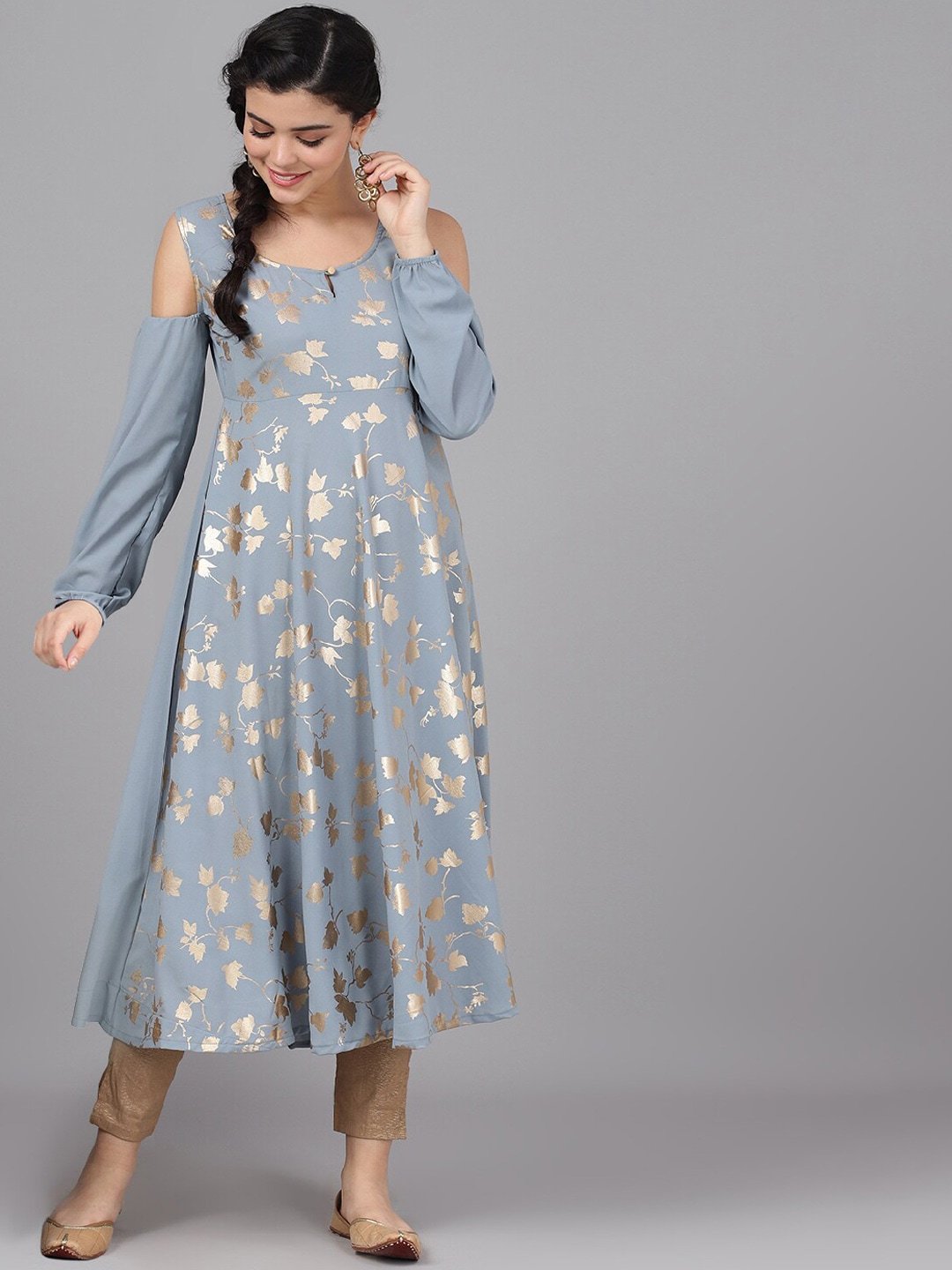 Women's  Grey & Gold-Toned Printed Anarkali Kurta