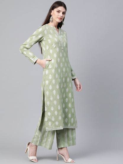 Women's  Green & White Khari Ethnic Printed Kurta with Palazzos