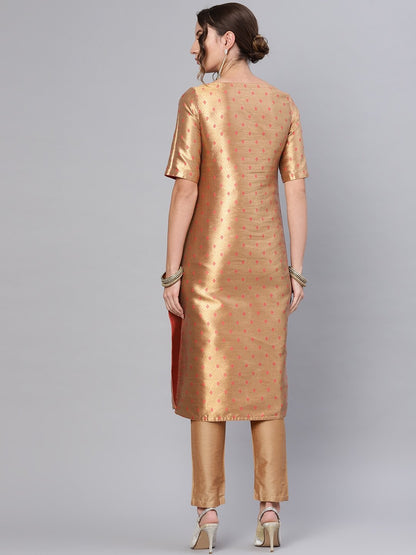 Women's  Coral Pink & Golden Reversible Woven Design Straight Kurta