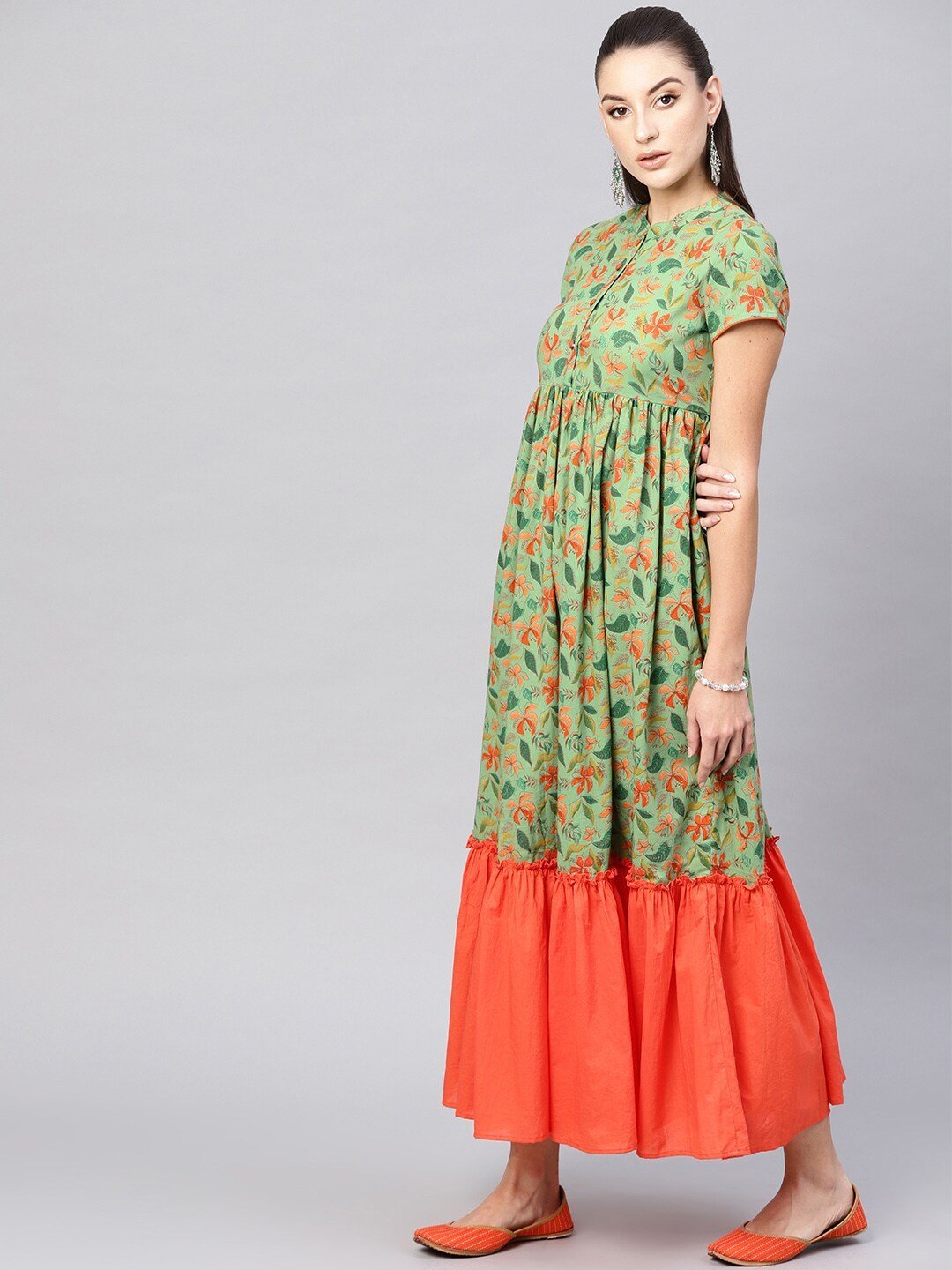 Women's  Green & Orange Floral Printed Maxi Dress
