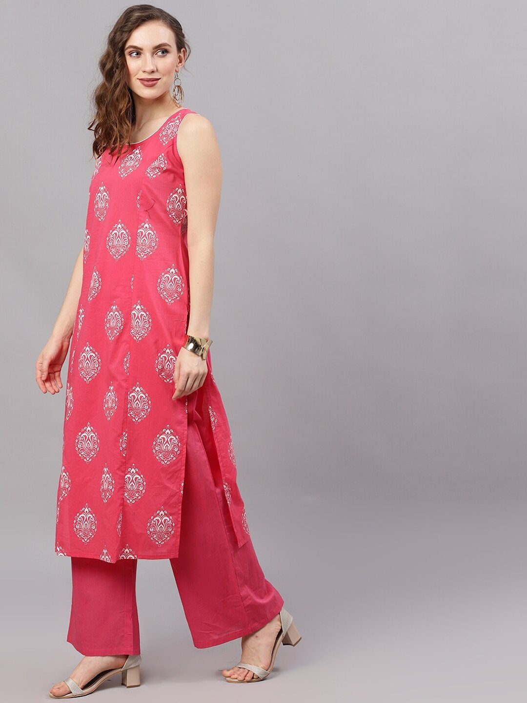 Women's  Pink and Silver Khari print Kurta with solid Palazz