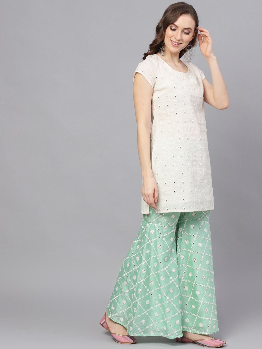 Women's White & Green Mirror Work Kurti With Sharara & Net Dupatta