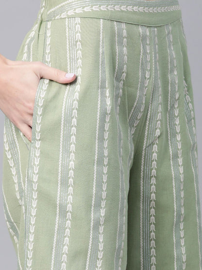 Women's  Green & White Khari Ethnic Printed Kurta with Palazzos