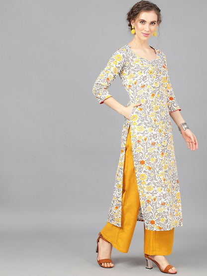 Women's  Grey & Yellow Printed Straight Kurta