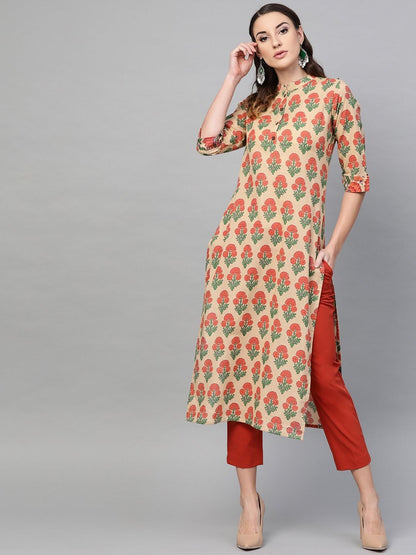 Women's  Beige & Orange Printed Straight Kurta