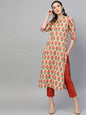 Women's  Beige & Orange Printed Straight Kurta