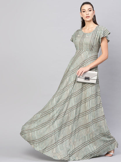 Women's  Taupe & Green Printed Maxi Dress