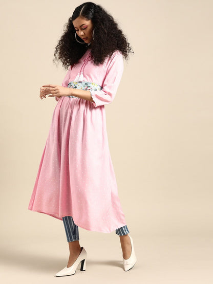 Women's Pink & White Polka Dots Printed Kurta