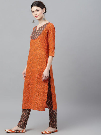 Women's  Orange & Brown Woven Design Straight Kurta