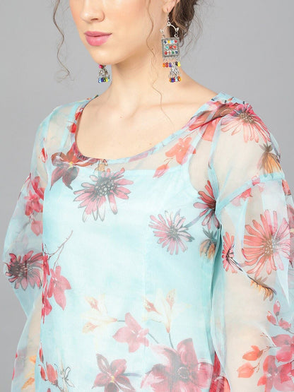 Women's  Turquoise Blue Printed Straight Kurta