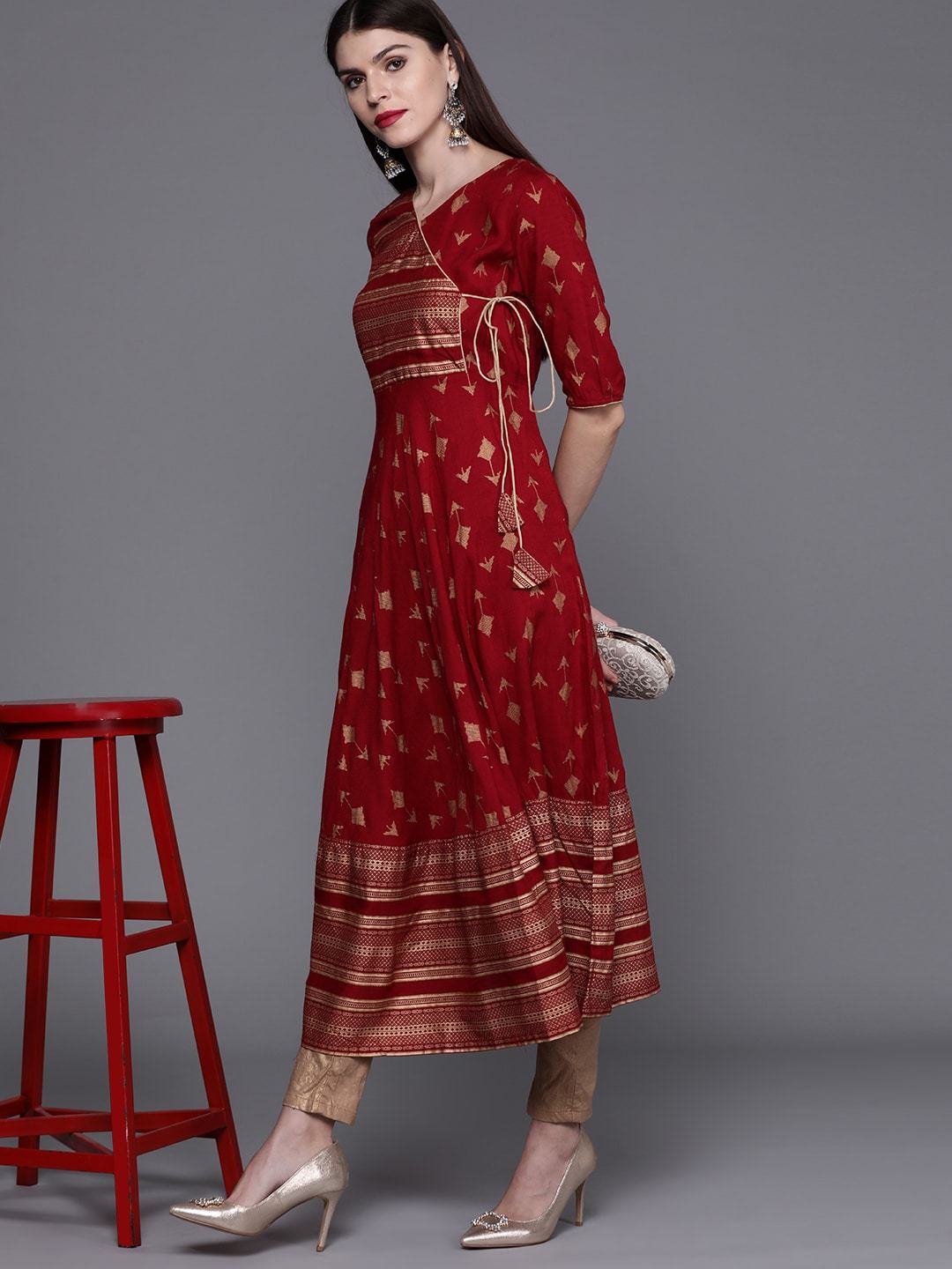 Women's  Maroon & Golden Screen Print Angrakha Anarkali Kurta