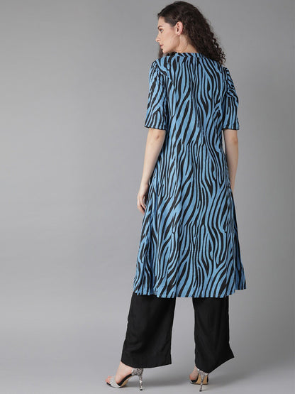 Women's  Blue & Black Printed A-Line Kurta