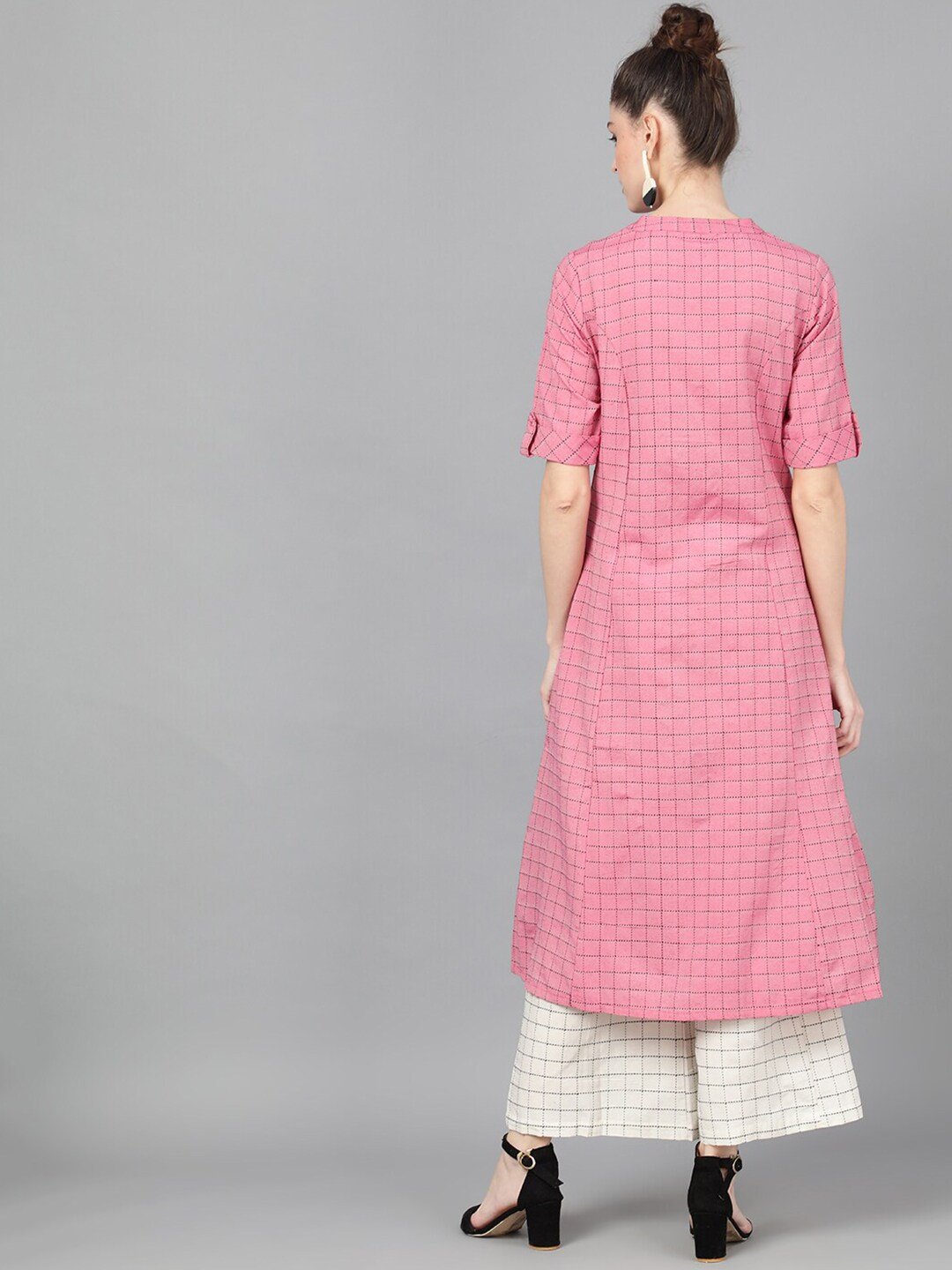 Women's  Pink Woven Design A-Line Kurta