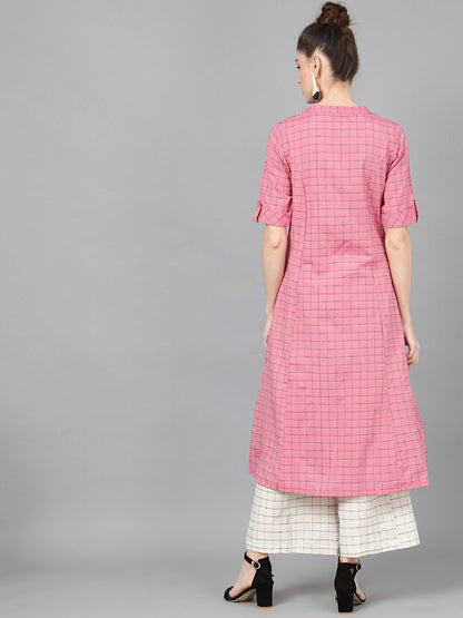 Women's  Pink Woven Design A-Line Kurta