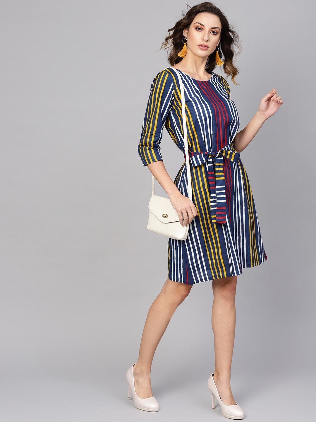 Women's  Blue & Yellow Striped A-Line Dress
