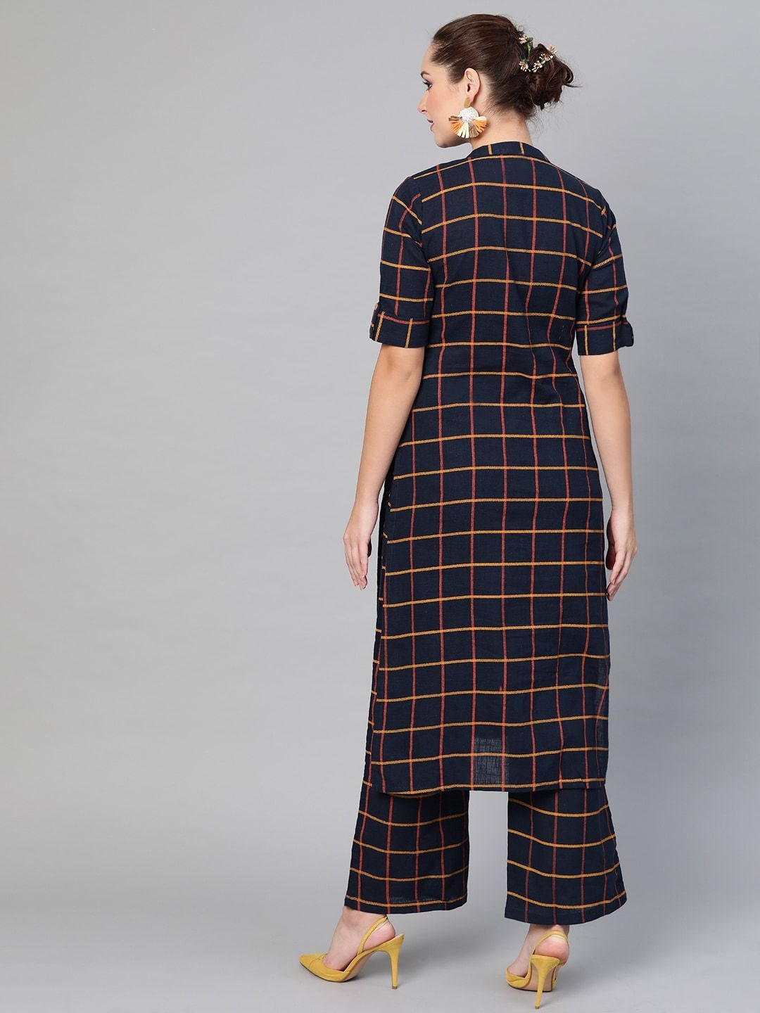 Women's  Navy Blue & Yellow Checked Kurta with Palazzos