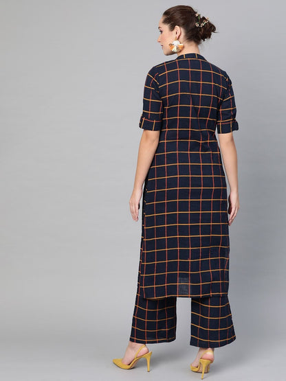 Women's  Navy Blue & Yellow Checked Kurta with Palazzos