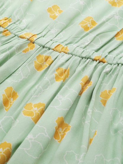 Women's  Green & Mustard Yellow Printed Tiered Maxi Dress