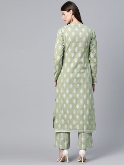 Women's  Green & White Khari Ethnic Printed Kurta with Palazzos