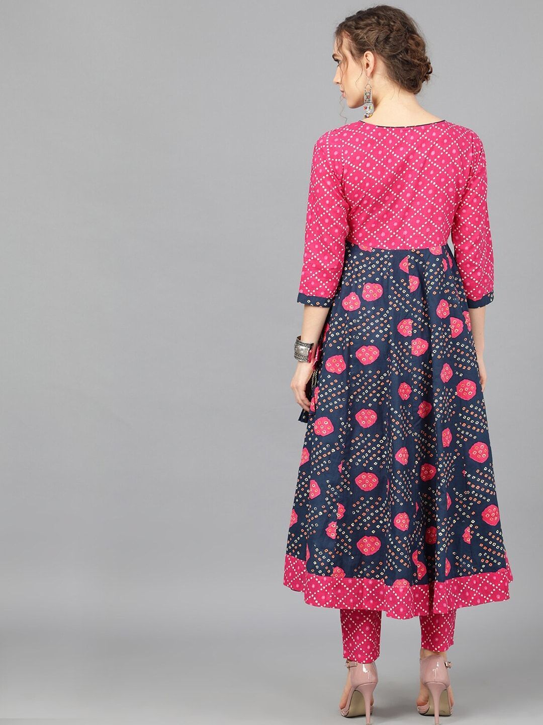 Women's  Navy Blue & Pink Printed Anarkali Style Angarkha Kurta
