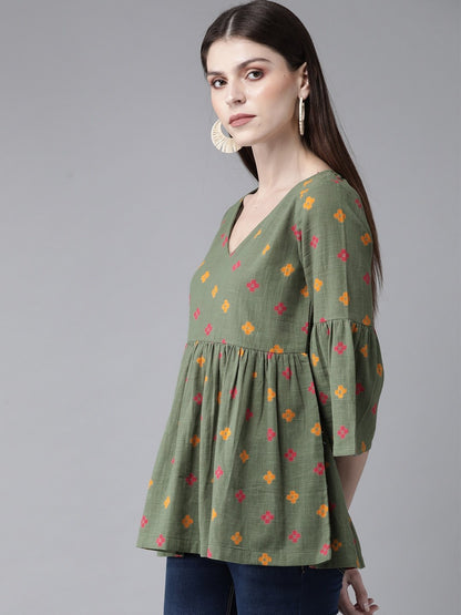 Women's Olive Green & Mustard Yellow Printed Tunic