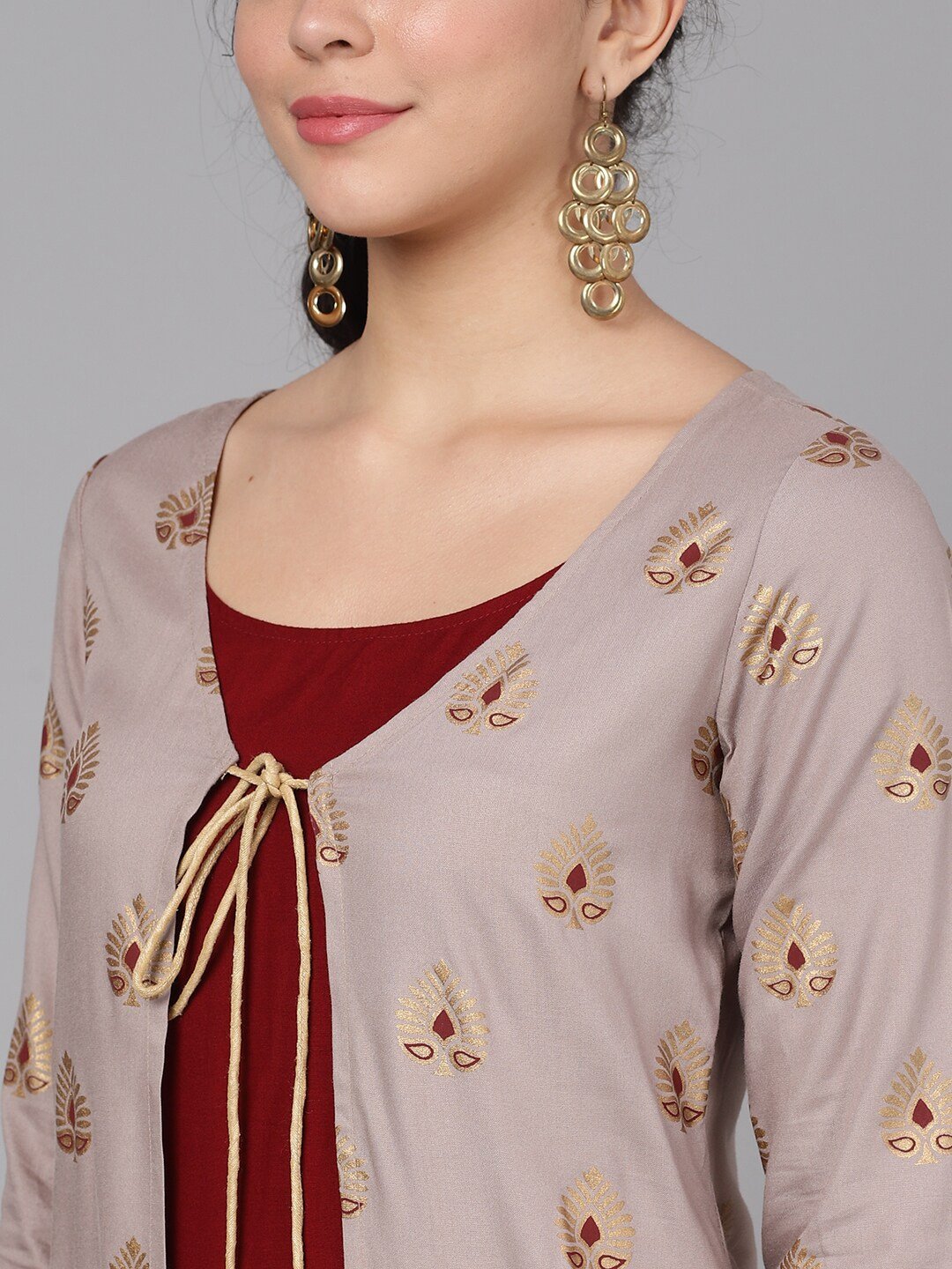 Women's  Maroon & Gold-Coloured Printed A-Line Kurta