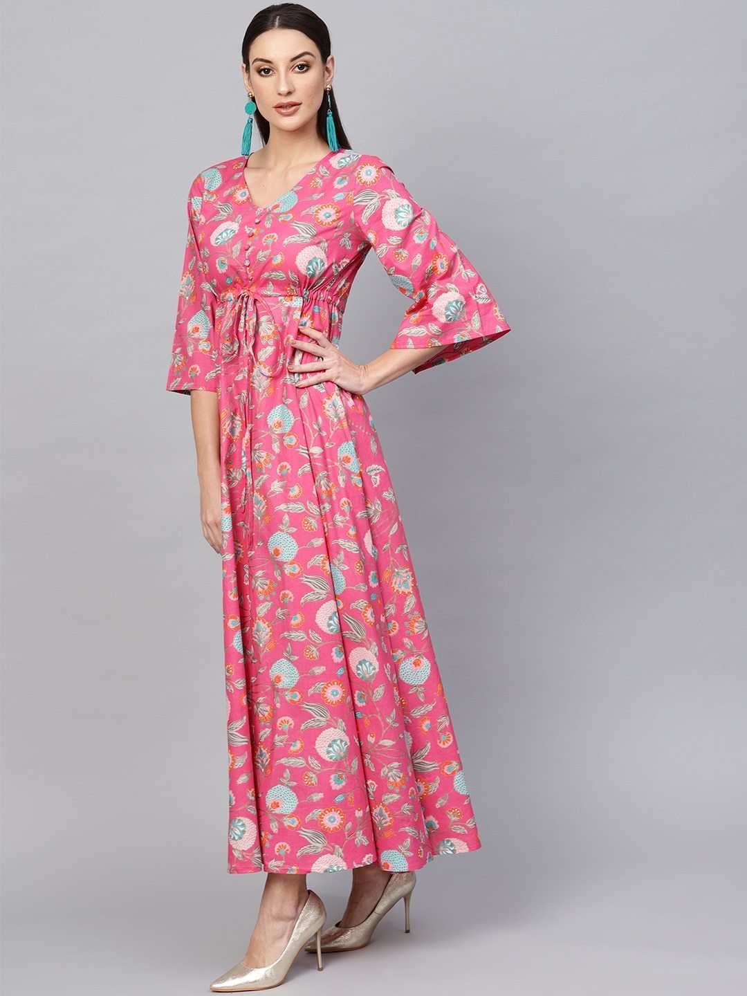 Women's  Printed Pink & Blue Floral Print Maxi Dress