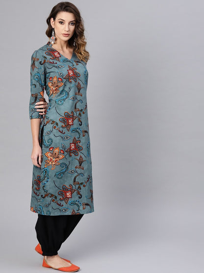 Women's  Blue & Black Printed Kurta with Trousers