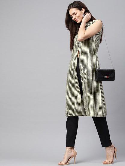 Women's  Cream-Coloured & Black Striped A-Line Kurta