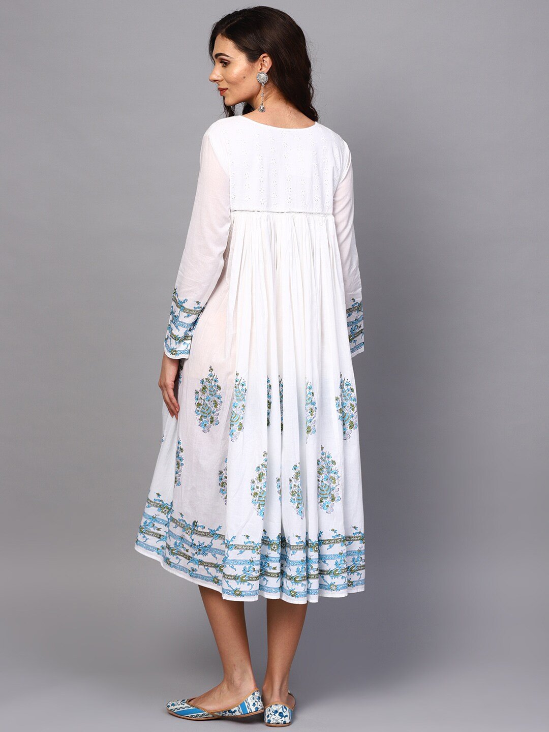 Women's  White & Blue Printed A-Line Dress