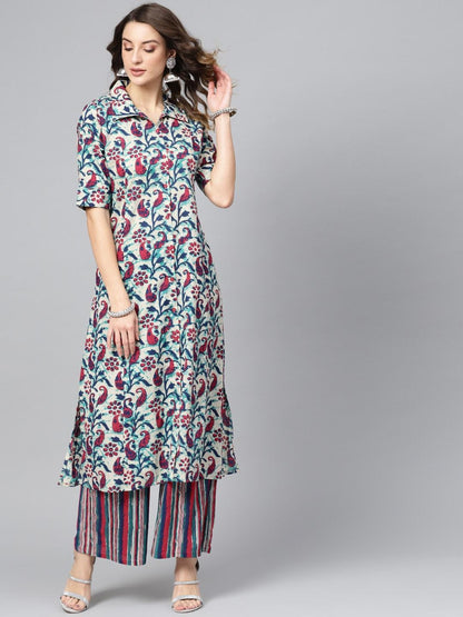 Women's  Off-White & Blue Printed Kurta with Palazzos