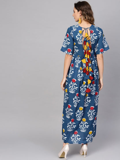 Women's  Blue & White Printed Maxi Dress