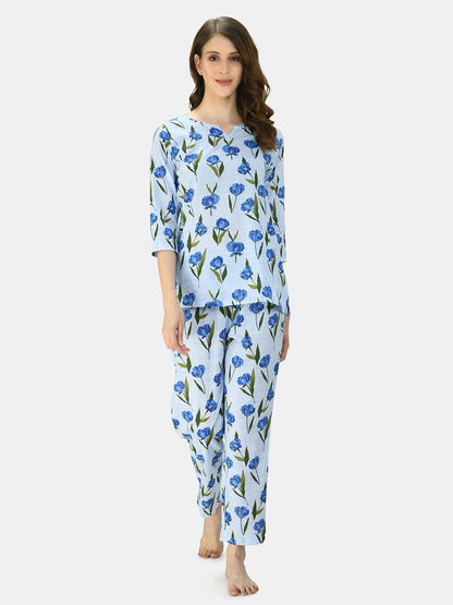 Women's BLue Cotton Printed Half Sleeve V Neck Casual Night Suit