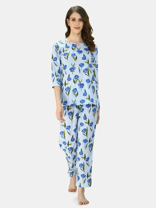 Women's BLue Cotton Printed Half Sleeve V Neck Casual Night Suit