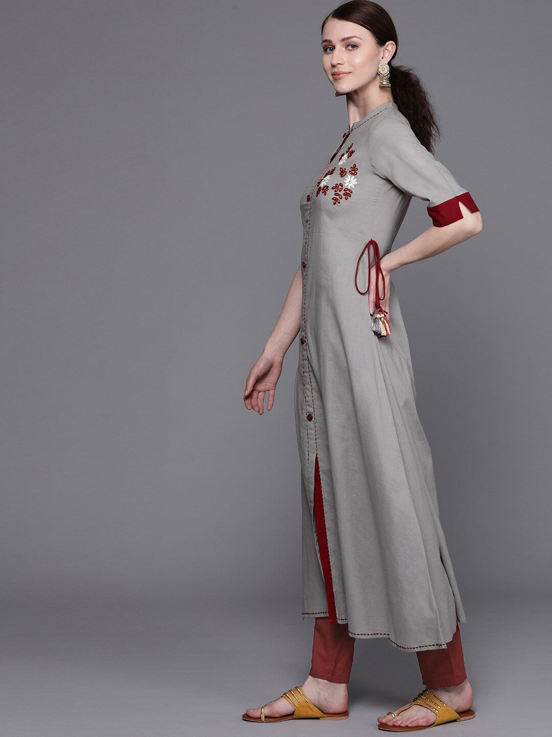 Women's Grey embroidered A-line kurta
