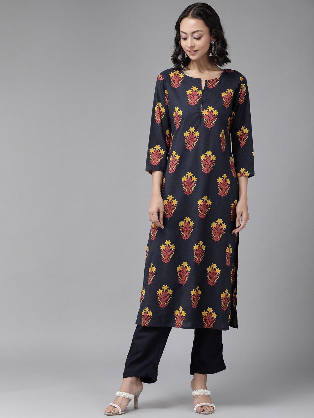 Women's Navy Blue & Mustard Kurta Set