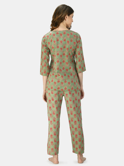 Women's Multicolor Cotton Printed Half Sleeve V Neck Casual Night Suit
