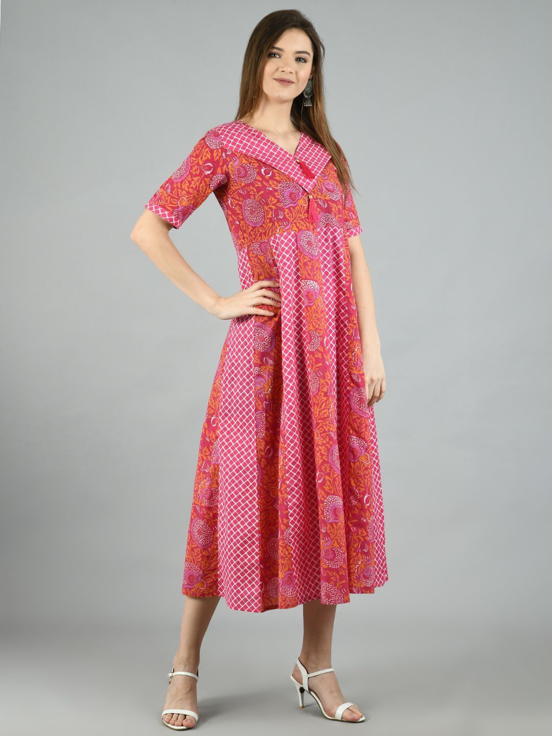 Women's Pink Cotton Printed Half Sleeve V Neck Casual Dress