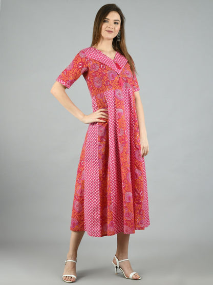 Women's Pink Cotton Printed Half Sleeve V Neck Casual Dress