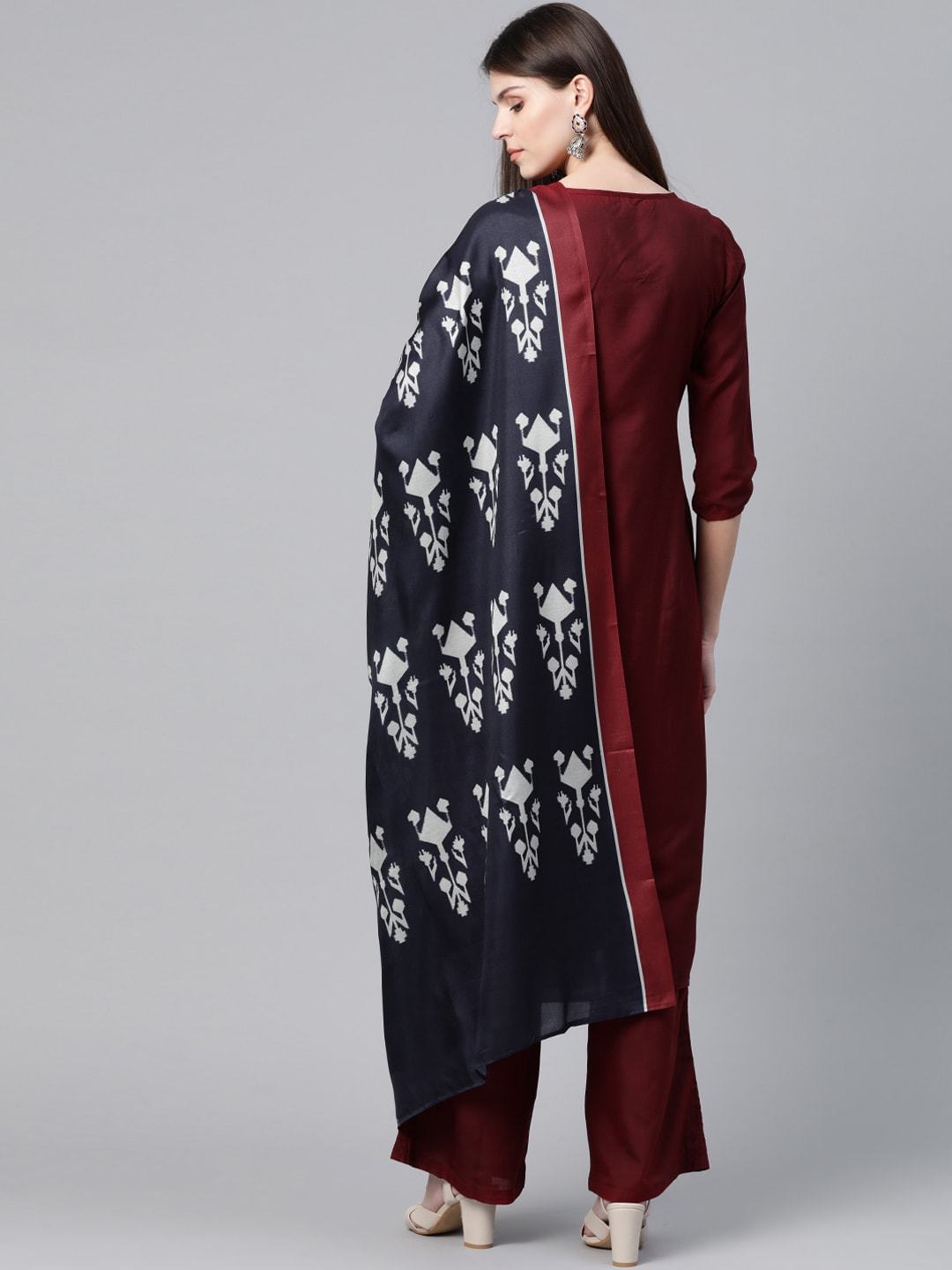 Women's  Maroon & Navy Blue Solid Kurta with Palazzos & Dupatta