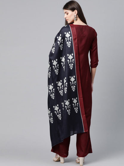 Women's  Maroon & Navy Blue Solid Kurta with Palazzos & Dupatta