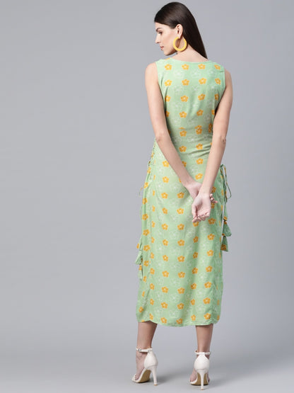Women's  Green & Mustard Yellow Floral Printed A-Line Dress