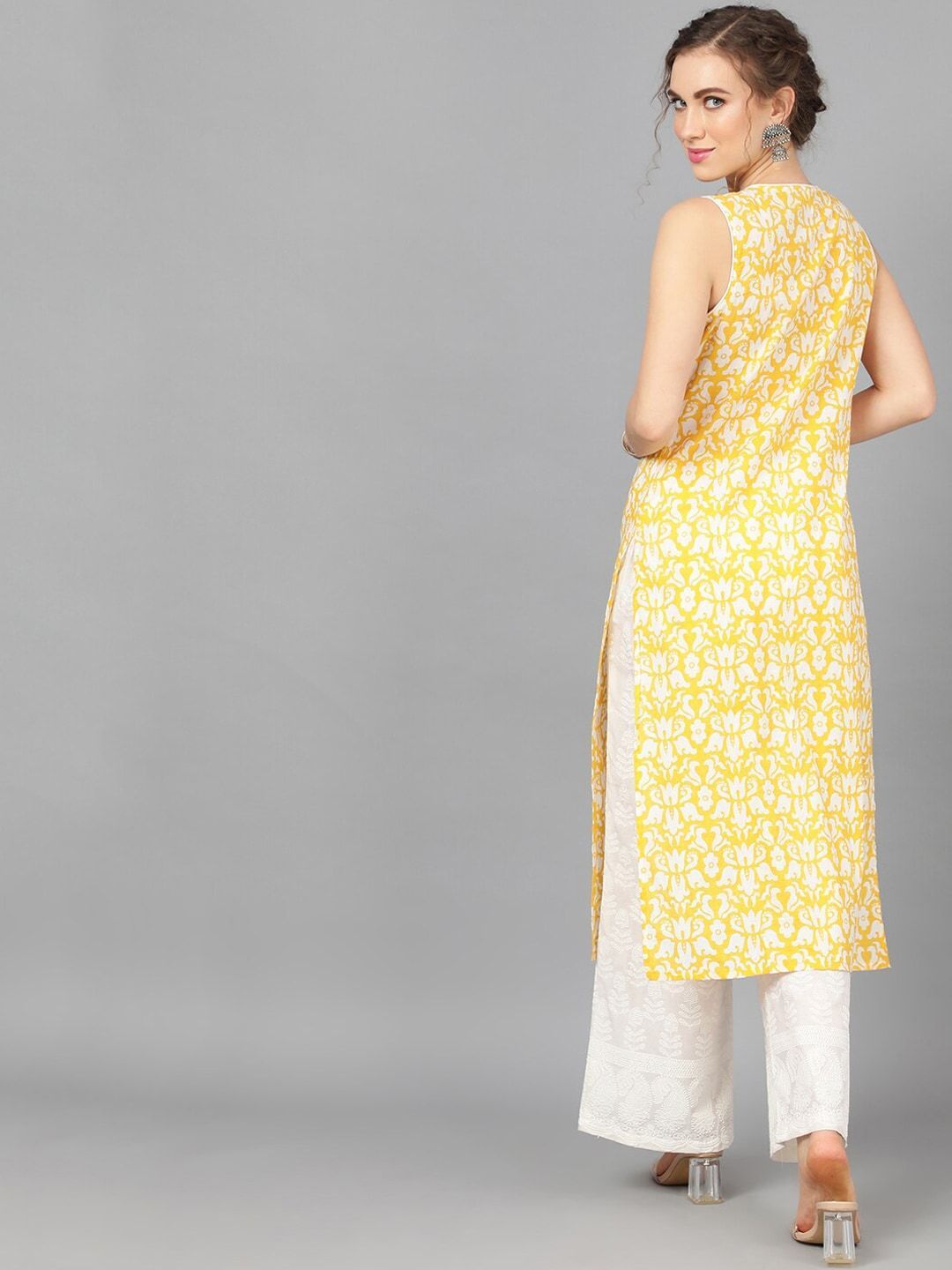 Women's  Yellow & White Printed Straight Kurta