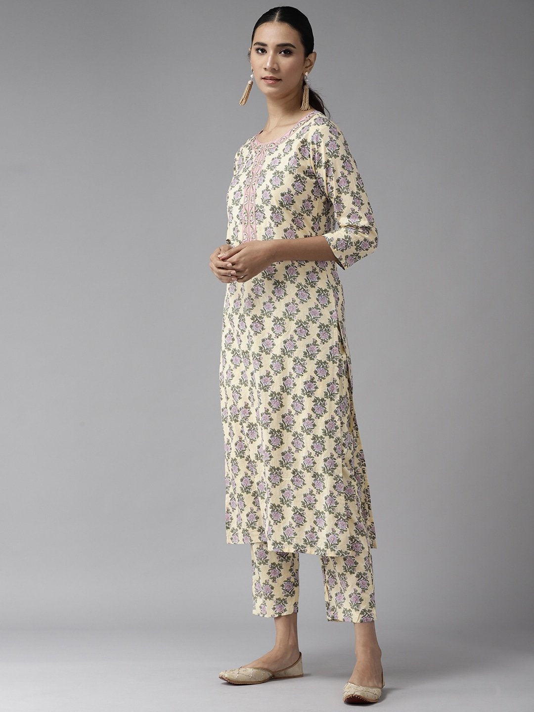 Women's Light Yellow & Green Printed Kurta Set