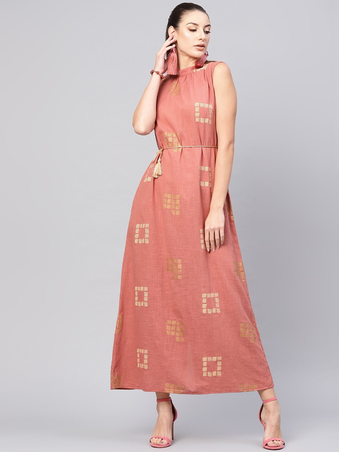 Women's  Dusty Pink & Beige Khari Print Maxi Dress