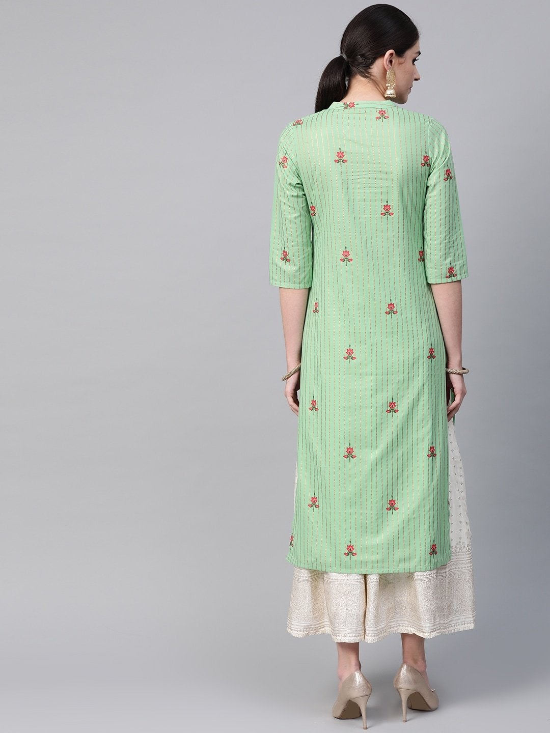 Women's Green & Golden Striped Straight Kurta