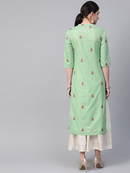 Women's Green & Golden Striped Straight Kurta