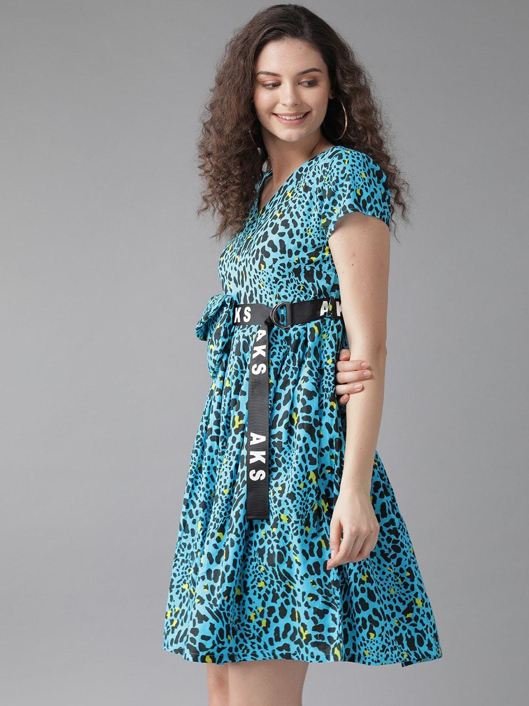 Women's  Blue & Black Leopard Print A-Line Dress with Pouch